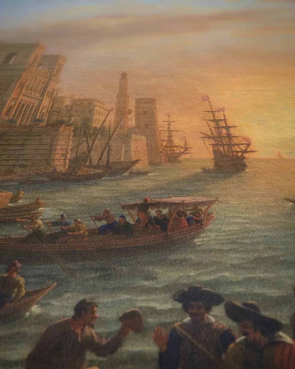 Zeehaven bij ondergaande zon (1639) op geweven fluweel, uitsnede 3 van 3
