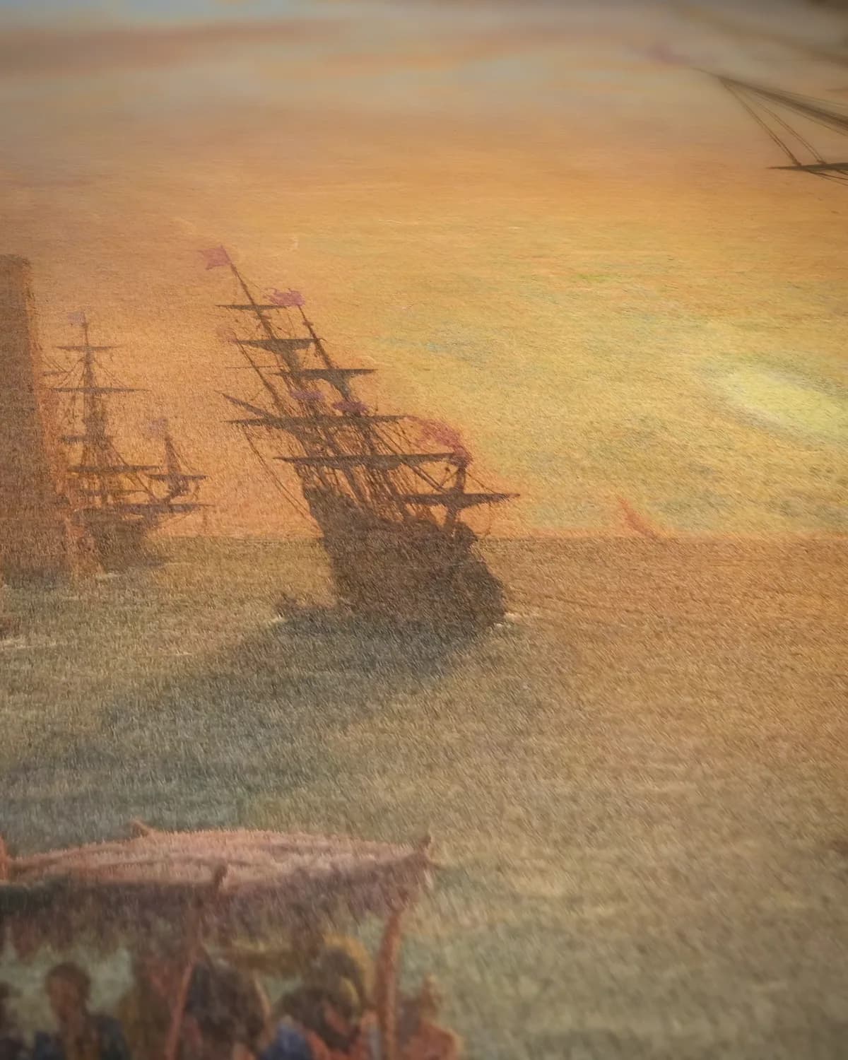 Zeehaven bij ondergaande zon (1639) op geweven fluweel, uitsnede 2 van 3