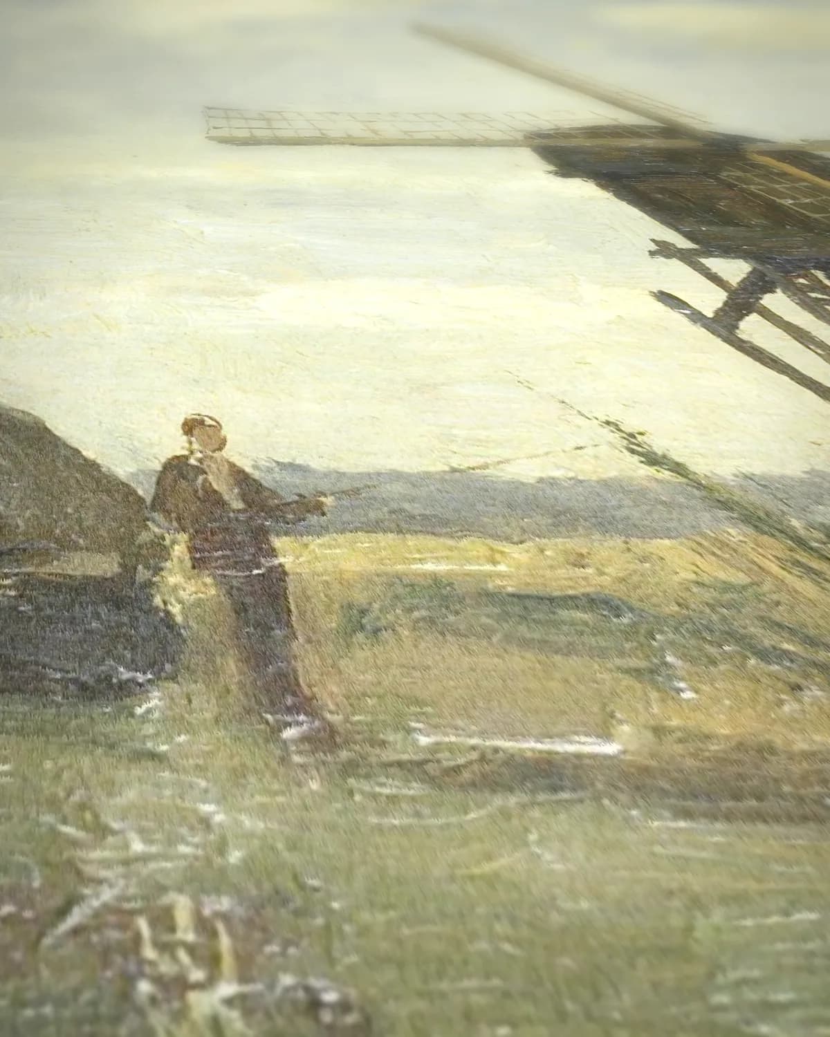 Zonnige dag, een molen aan een wetering op geweven fluweel, uitsnede 2 van 3