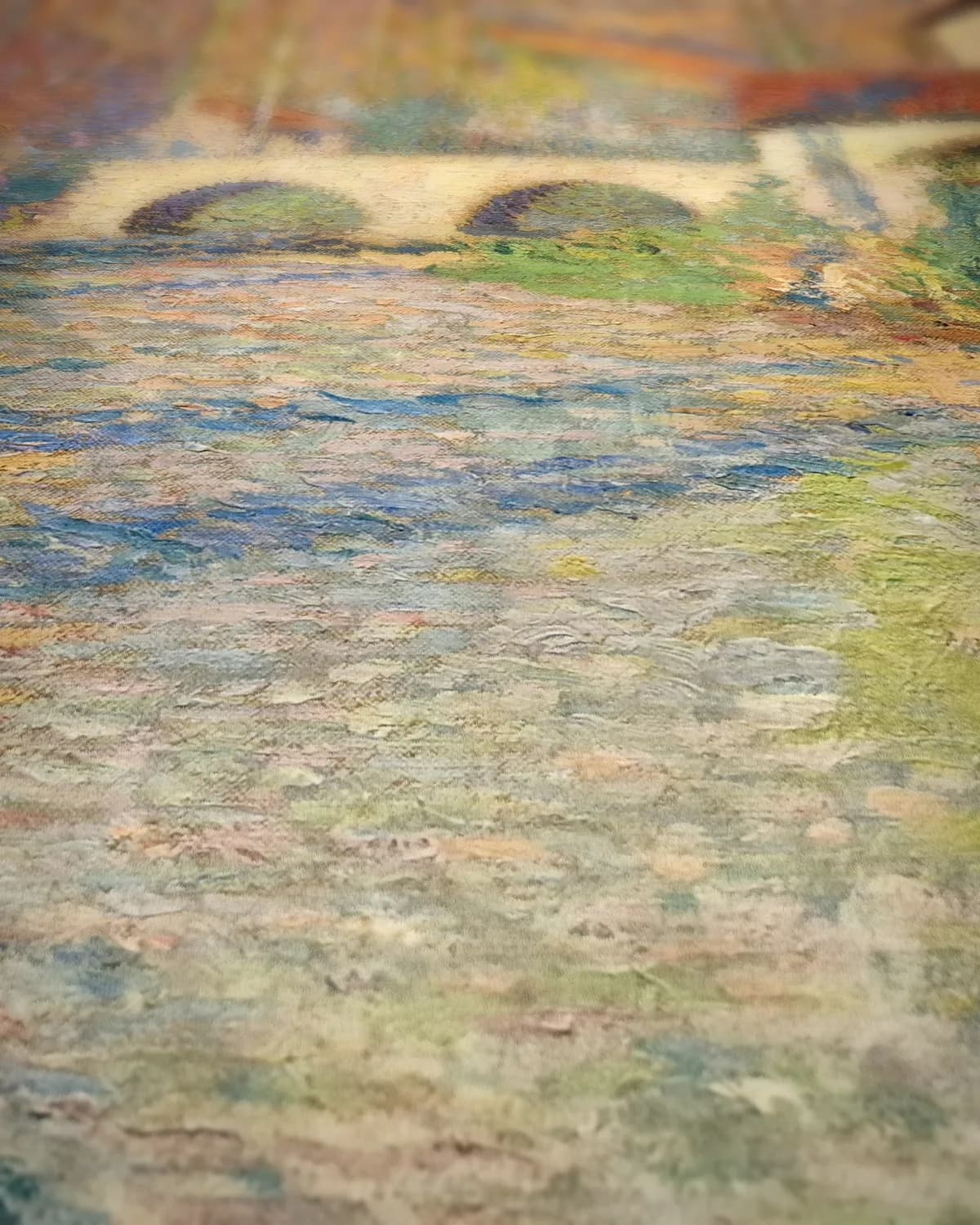 Zonnige rivier met brug op geweven fluweel, uitsnede 3 van 3