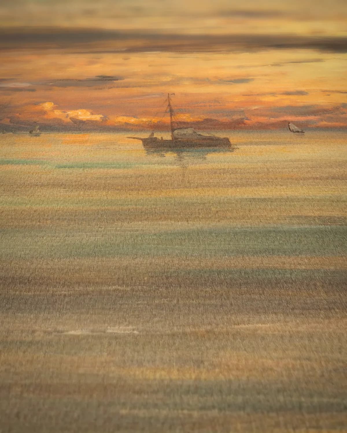 Zonsondergang bij Scheveningen: Een Vloot van Vissersschepen voor Anker op geweven fluweel, uitsnede 1 van 3