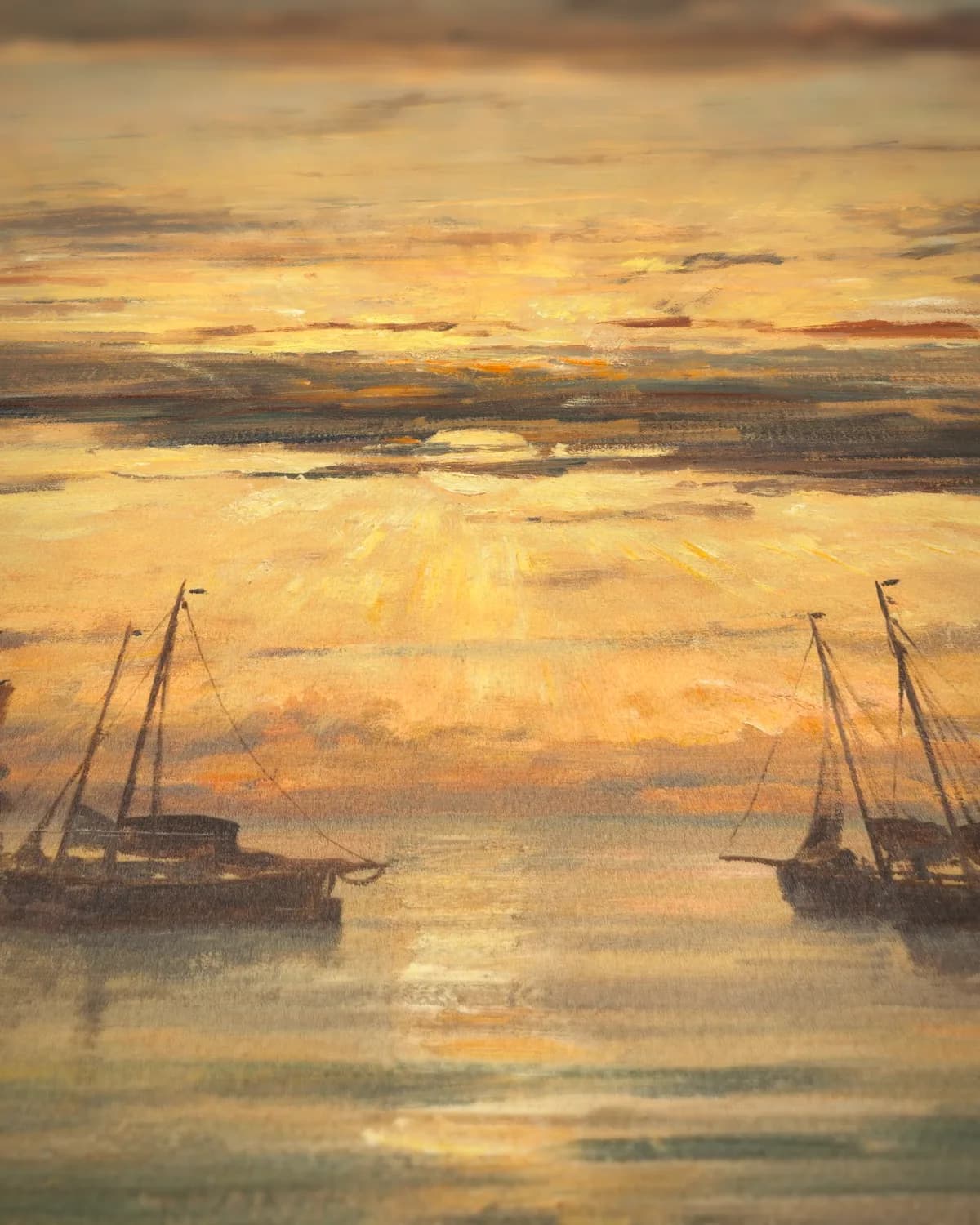 Zonsondergang bij Scheveningen: Een Vloot van Vissersschepen voor Anker op geweven fluweel, uitsnede 3 van 3