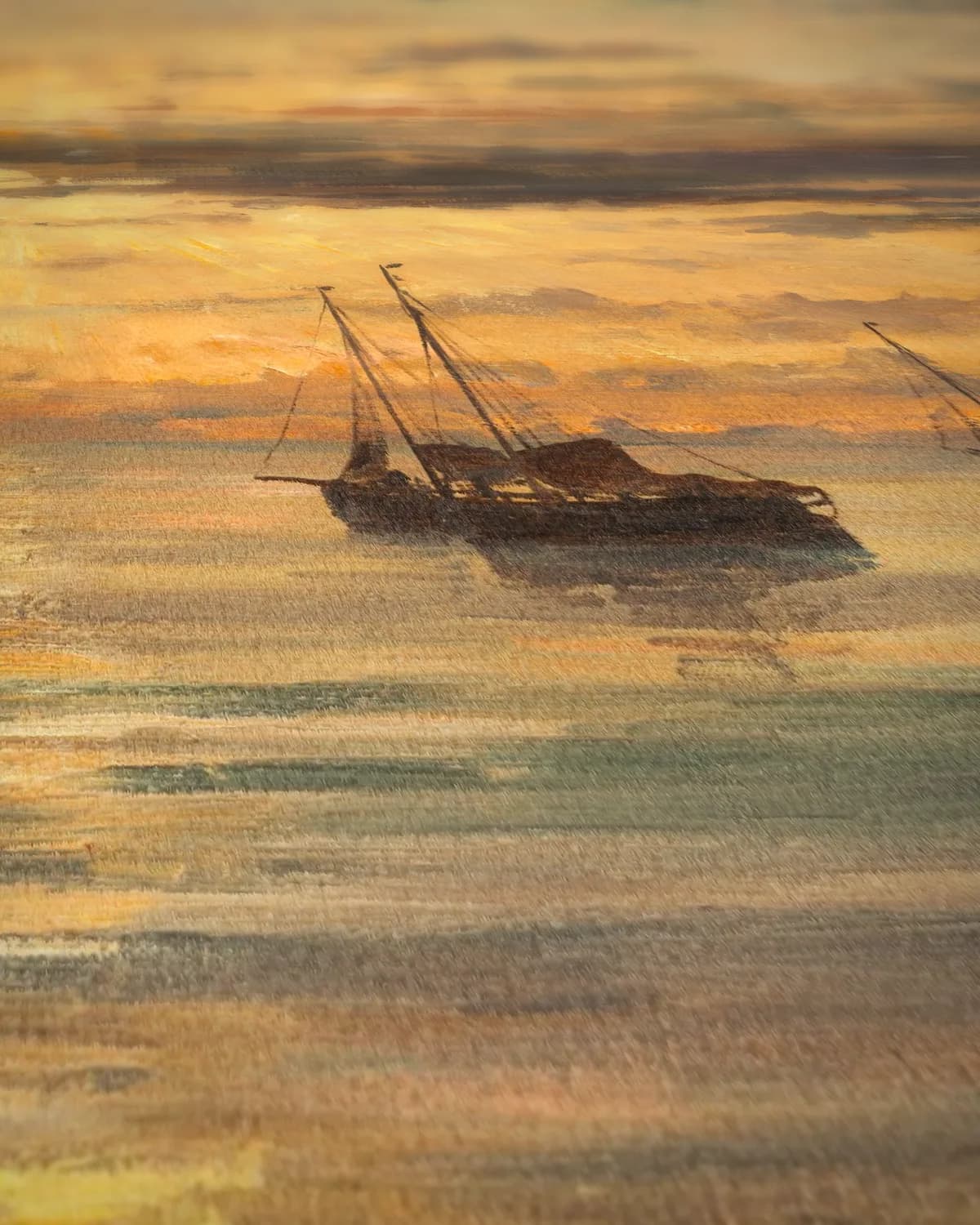 Zonsondergang bij Scheveningen: Een Vloot van Vissersschepen voor Anker op geweven fluweel, uitsnede 2 van 3