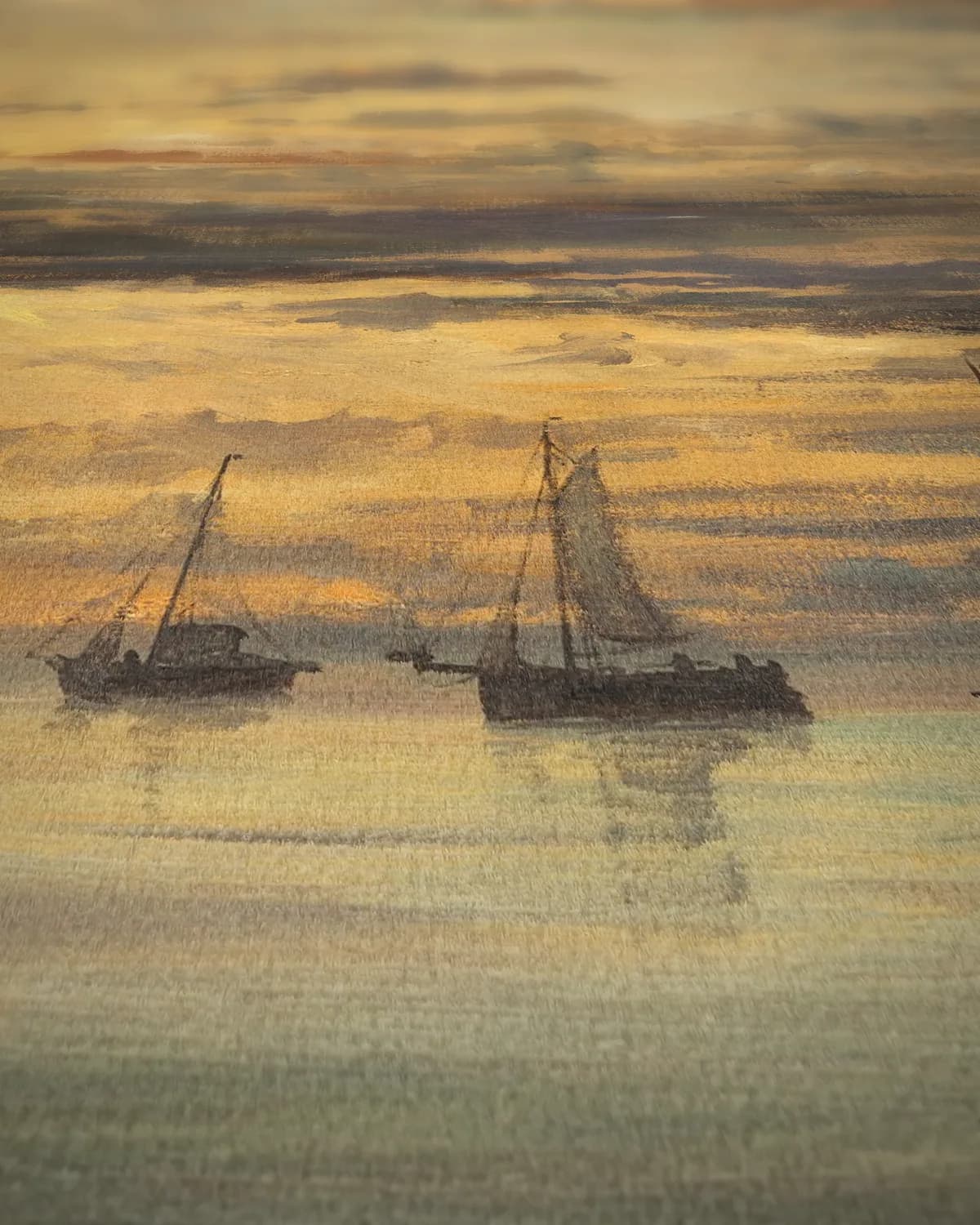Zonsondergang bij Scheveningen op geweven fluweel, uitsnede 1 van 3