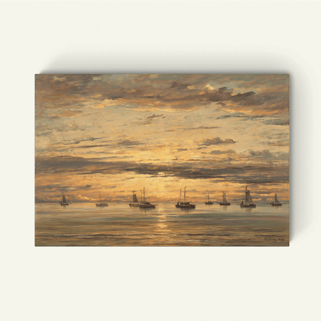 Zonsondergang bij Scheveningen: Een Vloot van Vissersschepen voor Anker – Hendrik Willem Mesdag