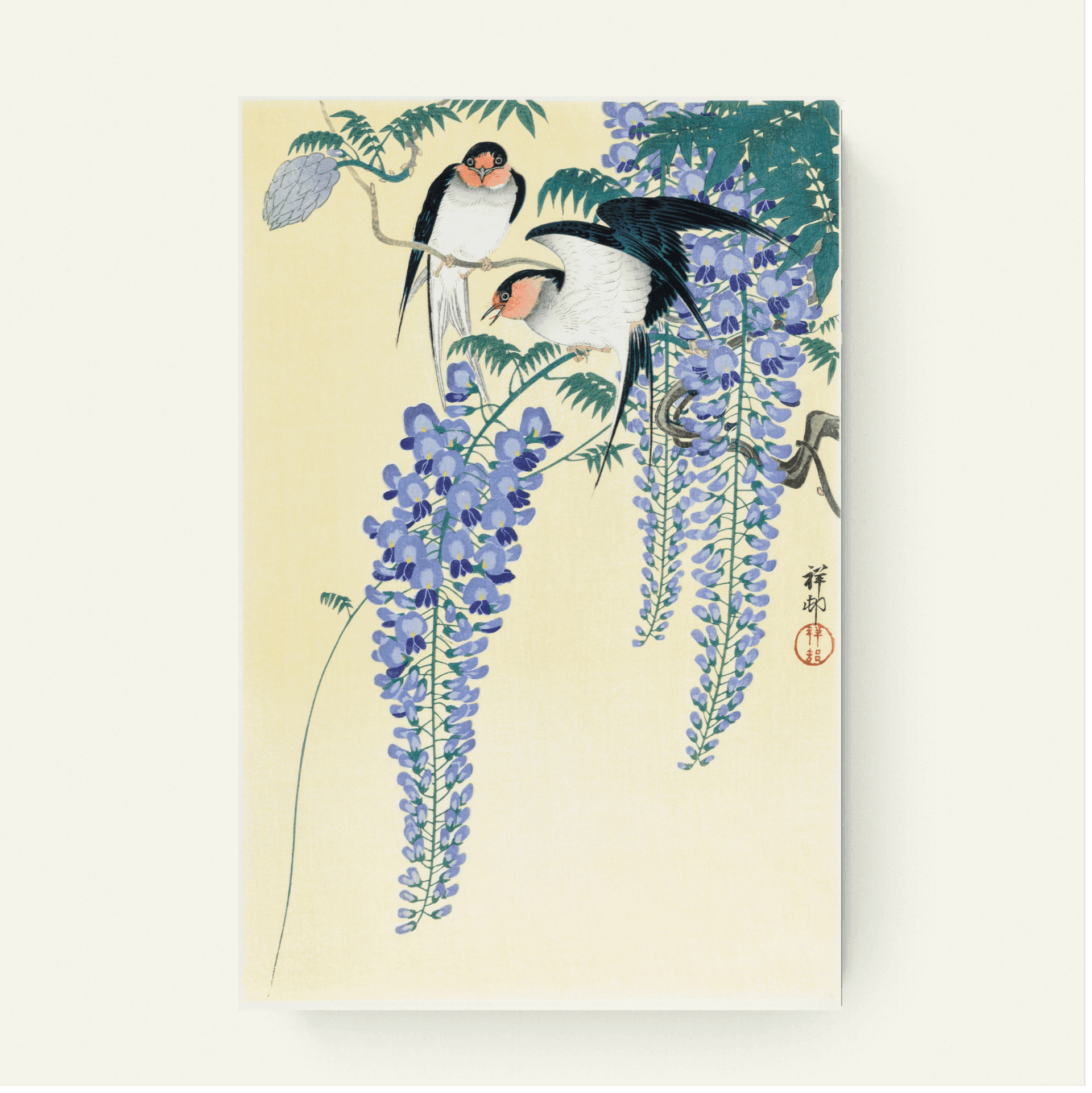 Zwaluwen dans in de Wisteria-bloesem" – Ohara Koson